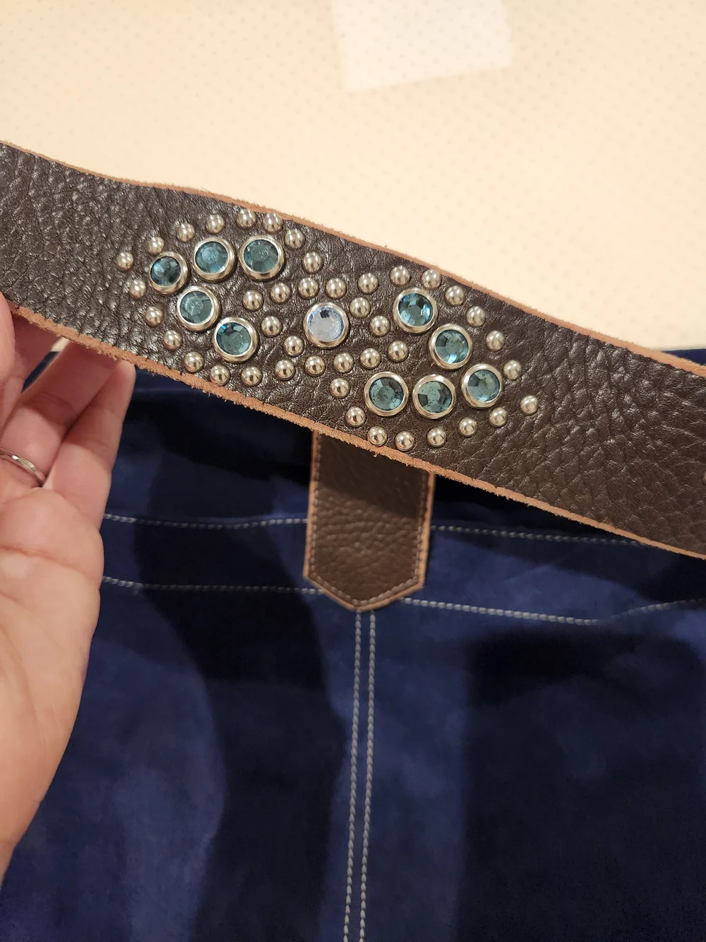 Tylie Malibu Suede Navy Blue Shoulder Bag with Embellished Brown Strap - Picture 2 of 6